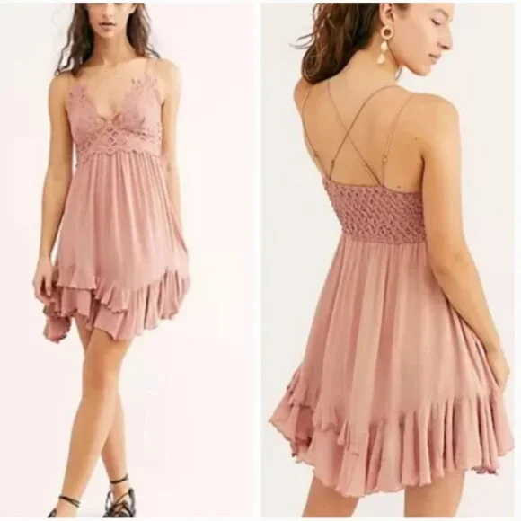 Free People Womens Adella Flowy lace Slip Dress Dusty Rose Pink Size ? Women's - Picture 3 of 14